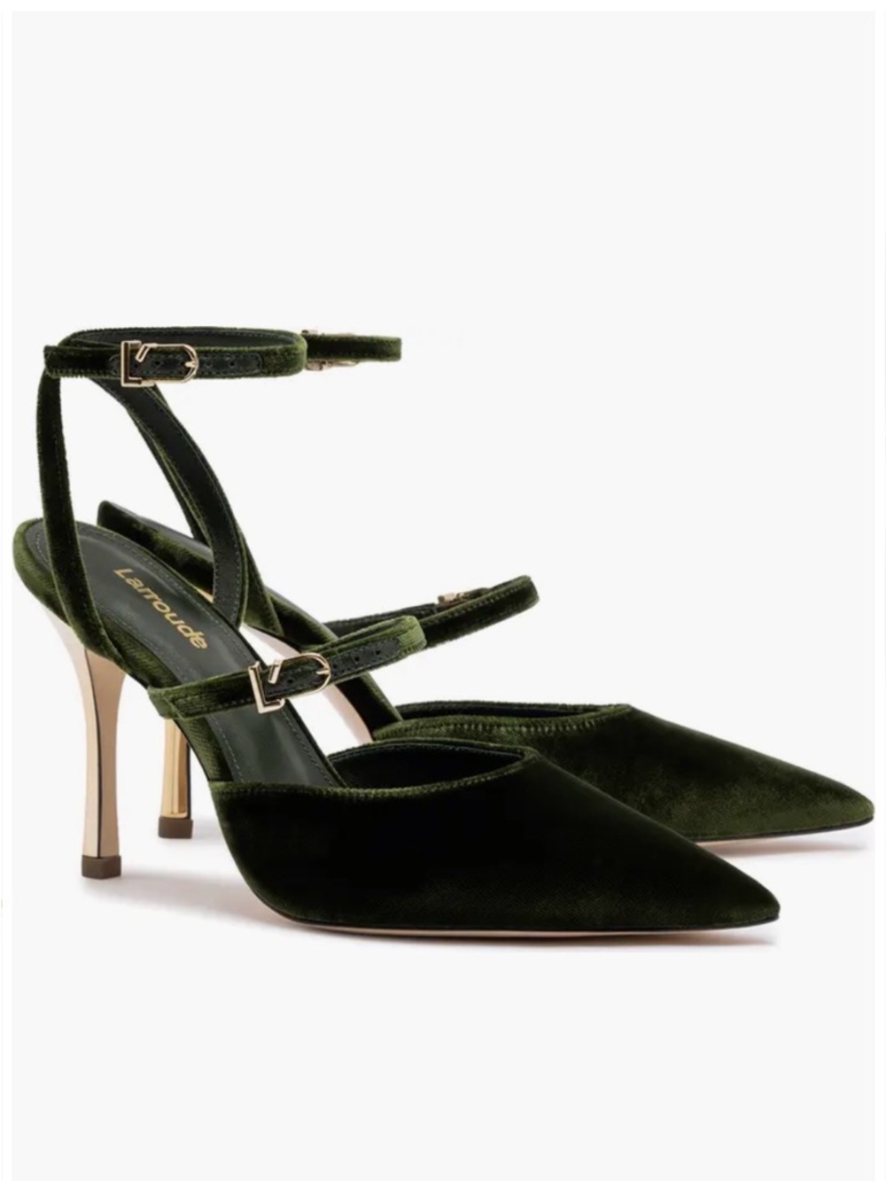Larroude Olive Green Velvet Pointed Ankle-Strap Pumps